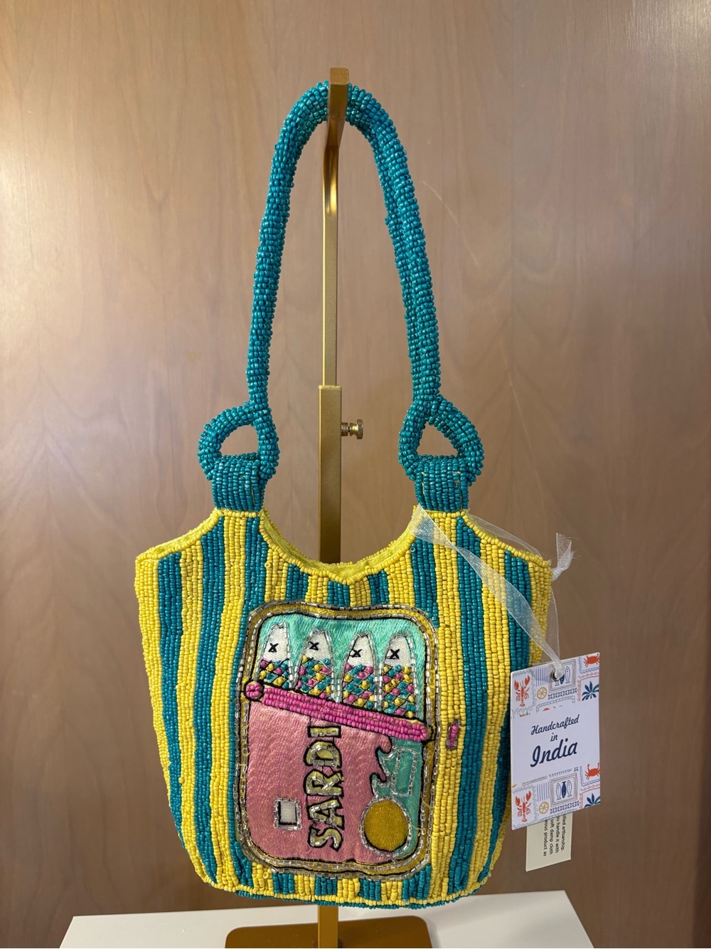Sardine Beaded Yellow & Teal Striped Tote Bag - Picture 2 of 3